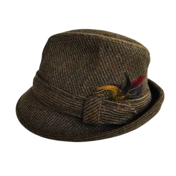 Vintage Brown Tweed Fedora Hat Feather Accent Size 7 1/8 Men’s Lined - Picture 1 of 11